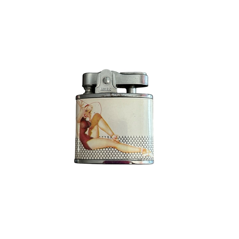 Vintage Amico Deluxe Automatic Lighter Pinup Girl Japan Tobacciana Chrome